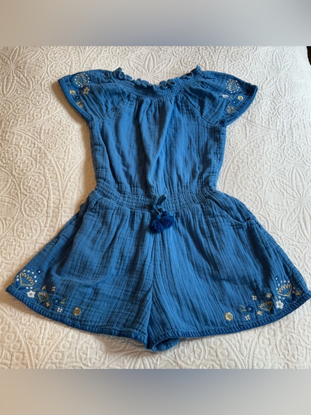 Boden Blue Embroidered Cotton Girls Romper